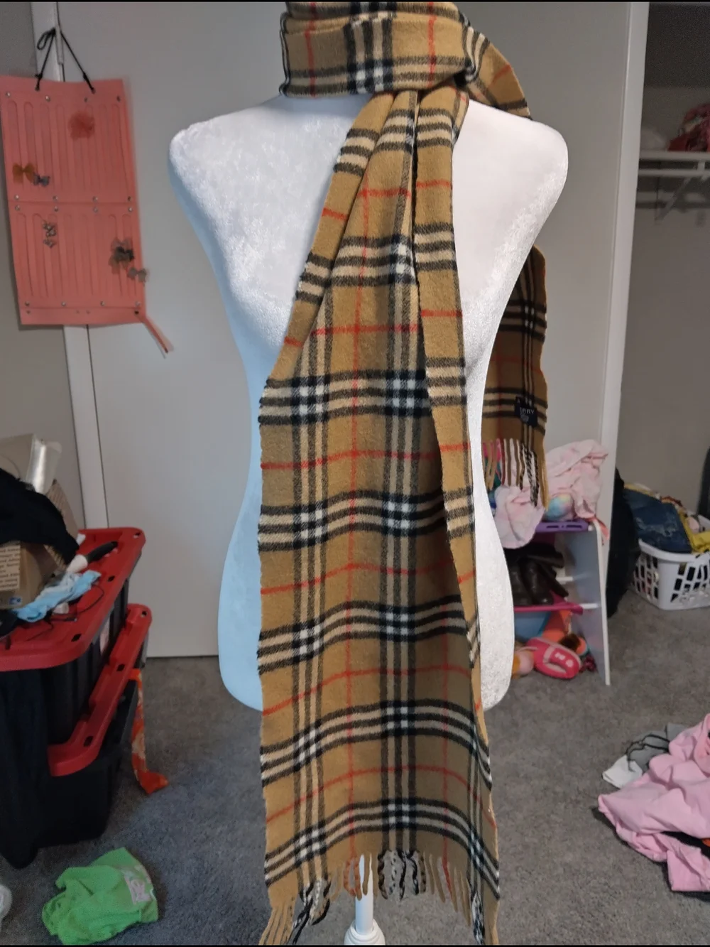 Vintage 100%,Lambswool Burberry Tan Plaid Scarf with Black, White and Red Checks